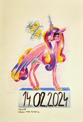 Size: 2340x3427 | Tagged: safe, artist:cahandariella, princess cadance, alicorn, pony, g4, colored pencil drawing, concave belly, female, lanky, levitation, magic, mare, partially open wings, scroll, skinny, smiling, solo, tall, telekinesis, thin, traditional art, wings