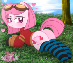 Size: 2188x1897 | Tagged: safe, artist:muhammad yunus, oc, oc only, oc:annisa trihapsari, earth pony, pony, g4, adorasexy, annibutt, base used, butt, clothes, cosplay, costume, crossover, cute, dock, female, generator rex, goggles, goggles on head, heart, jacket, looking at you, looking back, looking back at you, mare, plot, rex salazar, sexy, smiling, sock, socks, solo, striped socks, sultry pose, tail, tree, watermark