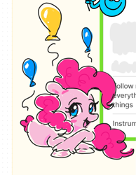 Size: 459x592 | Tagged: safe, artist:applepums, pinkie pie, earth pony, pony, g4, balloon, blushing, crossed hooves, female, lying down, mare, smiling, solo, unshorn fetlocks