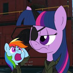 Size: 900x900 | Tagged: safe, artist:unitxxvii, rainbow dash, twilight sparkle, pegasus, pony, unicorn, g4, bust, clothes, dialogue, eye scar, eyepatch, facial scar, fake horn, female, frown, mare, metal gear solid 5, open mouth, salute, scar, unicorn twilight, uniform