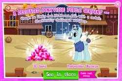 Size: 1957x1300 | Tagged: safe, gameloft, idw, postmaster buckeye, earth pony, pony, g4, my little pony: magic princess, official, advertisement, clothes, costs real money, english, facial hair, gem, glasses, idw showified, introduction card, male, mobile game, moustache, numbers, sale, shirt, solo, stallion, text