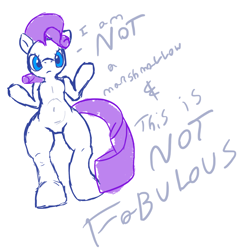 Size: 1162x1192 | Tagged: safe, artist:fionthebunny, rarity, pony, unicorn, semi-anthro, g4, belly button, bipedal, dialogue, female, looking at you, looking down, looking down at you, low angle, mare, marshmelodrama, missing horn, rarity being rarity, rarity is a marshmallow, shrug, simple background, solo, white background