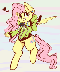 Size: 500x600 | Tagged: safe, artist:ghostyglue, fluttershy, pegasus, pony, antonymph, cutiemarks (and the things that bind us), vylet pony, g4, fluttgirshy, gir, headphones, invader zim, pink mane, pink tail, solo, tail, yellow fur