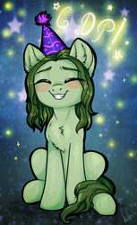 Size: 1269x2076 | Tagged: safe, artist:lina, oc, oc only, oc:dwarf, pony, birthday, colt, cyrillic, happy birthday, hat, looking at you, male, party hat, russian, sitting, smiling, smiling at you, solo, sparkles, stars