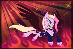 Size: 3840x2600 | Tagged: safe, artist:lina, oc, oc only, oc:svidetell, angel, angel pony, original species, pony, angelic wings, choker, crossover, fallen angel, fire, halo, hell, hellaverse, red eyes, sharp teeth, solo, sparkles, spiked choker, spikes, teeth, wings
