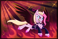 Size: 3840x2600 | Tagged: safe, alternate version, artist:lina, oc, oc only, oc:svidetell, angel, angel pony, original species, pony, angelic wings, choker, clothes, crossover, fallen angel, fire, halo, hell, hellaverse, jacket, looking at you, red eyes, sharp teeth, smiling, smiling at you, solo, spikes, teeth, wings