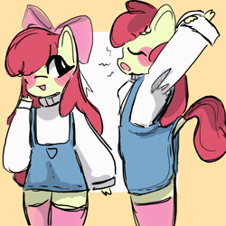 Size: 2048x2048 | Tagged: safe, artist:pinkcupkakes, apple bloom, earth pony, anthro, g4, blushing, clothes, long sleeved shirt, long sleeves, long socks, one eye closed, open mouth, overalls, shirt, simple background, solo, wink, yawn