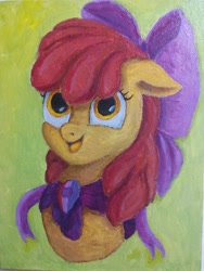 Size: 4128x3096 | Tagged: safe, artist:maslivka, apple bloom, earth pony, pony, g4, bust, female, filly, foal, green background, oil painting, open mouth, portrait, simple background, solo, traditional art