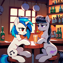 Size: 2048x2048 | Tagged: safe, ai composition, ai content, generator:pony diffusion v6 xl, generator:stable diffusion, prompter:tyto4tme4l, dj pon-3, octavia melody, vinyl scratch, earth pony, pony, unicorn, g4, alcohol, bar, bar stool, bottle, chest fluff, drink, drinking glass, drinking straw, duo, duo female, ear fluff, fanfic art, female, glass, grin, high res, hooves on the table, indoors, lamp, looking at each other, looking at someone, mare, missing accessory, no glasses, octavia is not amused, red eyes, sitting, smiling, table, unamused, underhoof, window, wood