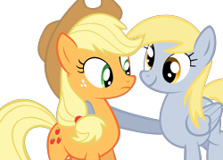 Size: 4200x3000 | Tagged: safe, alternate version, artist:iamaveryrealperson, edit, vector edit, applejack, derpy hooves, earth pony, pegasus, pony, g4, 2022, confused, duo, duo female, female, folded wings, frown, hoof around neck, looking at each other, looking at someone, looking at something, mare, meme, ponified, simple background, smiling, transparent background, vector, wings