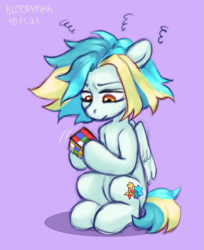 Size: 2283x2796 | Tagged: safe, artist:bloodymrr, oc, oc only, pegasus, pony, amber eyes, concentrating, emotions, messy hair, purple background, puzzle, rubik's cube, simple background, sitting, solo, thinking, yellow eyes
