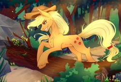 Size: 4208x2844 | Tagged: safe, artist:martazap3, applejack, earth pony, pony, g4, forest, nature, rock, smiling, solo, sunny day, sweet apple acres, tree, walk