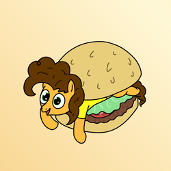Size: 2000x2000 | Tagged: safe, artist:hach, cheese sandwich, earth pony, pony, g4, :d, burger, cheeseburger, cute, food, gradient background, hamburger, horse meat, male, meat, open mouth, open smile, ponies in food, simple background, smiling, solo, stallion, tiny, tiny ponies