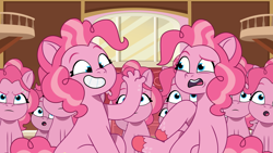 Size: 2400x1350 | Tagged: safe, artist:prixy05, pinkie pie, earth pony, pony, g4, g5, my little pony: tell your tale, too many pinkie pies, clone, female, g4 to g5, generation leap, hand, mare, multeity, pinkie clone, scene interpretation, suddenly hands, tell your tale accurate