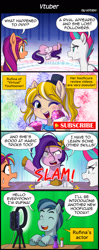 Size: 800x2020 | Tagged: safe, artist:uotapo, pipp petals, rufus, sunny starscout, zipp storm, earth pony, pegasus, pony, g5, camera, comic, computer, cute, eyes closed, female, green screen, hat, impersonating, laptop computer, male, mare, messy mane, open mouth, rufusbetes, stallion, top hat, unshorn fetlocks, vtuber