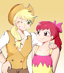 Size: 700x800 | Tagged: safe, artist:야누스, apple bloom, applejack, human, g4, apple sisters, blushing, clothes, dress, duo, female, gradient background, grin, humanized, one eye closed, siblings, sisters, smiling, vest, wink