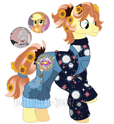 Size: 1920x2089 | Tagged: safe, artist:interstellar-quartz, applejack, oc, oc:golden afternoon, earth pony, gem (race), gem pony, hybrid, object pony, original species, pony, g4, clothes, crossover, crossover ship offspring, deviantart watermark, flower, gem, interspecies offspring, magical lesbian spawn, male, obtrusive watermark, offspring, overalls, parent:applejack, parent:pearl (steven universe), parents:pearljack, pearl (steven universe), simple background, stallion, steven universe, sweater, transparent background, watermark