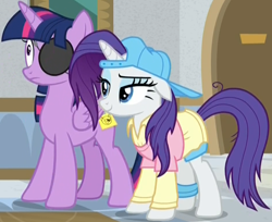 Size: 940x768 | Tagged: safe, screencap, rarity, twilight sparkle, alicorn, pony, unicorn, friendship university, g4, season 8, alternate hairstyle, clothes, cropped, disguise, duo, duo female, eyebrows, eyepatch, eyepatch (disguise), female, frown, hat, mare, paper-thin disguise, plainity, raised eyebrow, smiling, solid sparkle, twilight sparkle (alicorn)