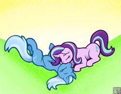 Size: 3850x2975 | Tagged: safe, artist:boundbrush, artist:nx-42, starlight glimmer, trixie, pony, unicorn, g4, abstract background, blushing, curved horn, eyes closed, female, horn, kiss on the lips, kissing, lesbian, lying down, mare, on back, prone, ship:startrix, shipping, signature