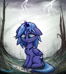 Size: 2202x2480 | Tagged: safe, artist:user-fox, princess luna, alicorn, pony, g4, chest fluff, cloud, cloudy, crying, female, foal, forest, nature, sadness, solo, thunderstorm, tree