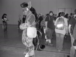 Size: 2272x1704 | Tagged: safe, octavia melody, earth pony, human, g4, convention, fursuit, grayscale, irl, irl human, monochrome, photo, ponysuit