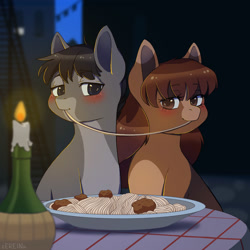 Size: 2000x2000 | Tagged: safe, artist:erein, oc, oc only, earth pony, pony, blushing, candle, commission, crossover, date, disney, duo, ears up, food, high res, lady and the tramp, night, oc x oc, outdoors, pasta, plate, ponified, romantic, scene interpretation, shipping, smiling, spaghetti, table, ych sketch