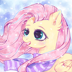 Size: 2000x2000 | Tagged: safe, artist:fawn13fawn, fluttershy, pegasus, pony, g4, bust, clothes, commission, cute, female, mare, open mouth, open smile, scarf, shyabetes, smiling, snow, snowfall, solo, striped scarf, windswept mane, your character here
