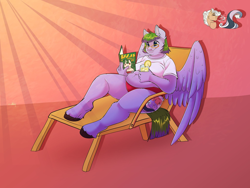 Size: 2048x1536 | Tagged: safe, artist:unfinishedheckery, oc, oc:whirly waves, pegasus, anthro, anthro oc, beach chair, belly, belly button, bikini, chair, chubby, clothes, drink, fat, juice, lemonade, pegasus oc, reading, relaxing, shirt, swimsuit, t-shirt