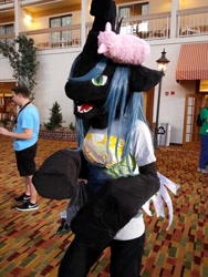 Size: 960x1280 | Tagged: safe, queen chrysalis, oc, oc:fluffle puff, changeling, changeling queen, human, g4, convention, fursuit, irl, irl human, photo, plushie, ponysuit, solo focus