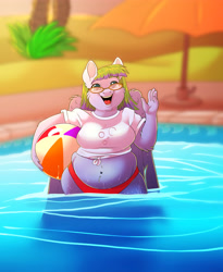 Size: 4320x5280 | Tagged: safe, artist:unfinishedheckery, oc, oc:whirly waves, pegasus, anthro, anthro oc, beach ball, belly, belly button, bikini, chubby, clothes, fat, glasses, happy, looking at you, pegasus oc, plump, shirt, swimming pool, swimsuit, t-shirt, water, waving, waving at you