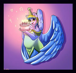 Size: 3028x2906 | Tagged: safe, artist:unfinishedheckery, oc, oc:whirly waves, pegasus, anthro, bbw, birthday, birthday cake, cake, candle, chubby, clothes, dress, fat, food, hat, looking at you, party hat, pegasus oc, solo
