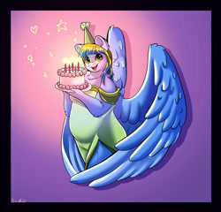 Size: 3028x2906 | Tagged: safe, artist:unfinishedheckery, oc, oc:whirly waves, pegasus, anthro, bbw, birthday, birthday cake, cake, candle, chubby, clothes, dress, fat, food, hat, looking at you, party hat, pegasus oc, plump, solo