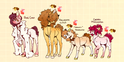 Size: 1264x632 | Tagged: safe, artist:kinda-lost, oc, oc:arcadian wild, oc:cherry marzipan, oc:hammy sandwich, oc:rosè gold, earth pony, pony, bowtie, colt, feather boa, female, filly, foal, hair over eyes, male, mare, offspring, parent:cheese sandwich, parent:pinkie pie, parents:cheesepie, siblings, stallion