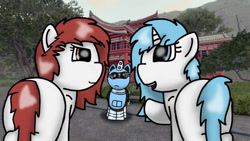 Size: 622x350 | Tagged: safe, artist:foxfer64_yt, oc, oc only, oc:kira (fl), oc:nara (fl), oc:silverstream (robot pony), alicorn, original species, pegasus, pony, robot, robot pony, looking at each other, looking at someone, pointing, talking, temple, tree