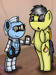 Size: 768x1024 | Tagged: safe, artist:foxfer64_yt, oc, oc only, oc:silverstream (robot pony), oc:thunder (fl), original species, pegasus, pony, robot, robot pony, bipedal, curious, female, happy, looking at something, male, mare, paperholder, room, stallion