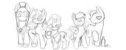 Size: 2500x995 | Tagged: safe, artist:fionthebunny, oc, oc only, oc:liquid bliss, earth pony, pegasus, unicorn, 2021, angry, armor, bottle, chest fluff, earth pony oc, explicit source, fangs, female, folded wings, grayscale, gritted teeth, group, hat, hoof shoes, horn, lidded eyes, looking at you, male, mare, monochrome, monocle, nose wrinkle, pegasus oc, pegasus royal guard, quintet, raised hoof, royal guard, royal guard armor, signature, simple background, smiling, stallion, tail, teeth, unicorn oc, wavy mouth, white background, wings