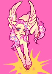 Size: 1430x2048 | Tagged: safe, artist:stellarphileistic, fluttershy, pegasus, g4, blushing, cloven hooves, colored hooves, female, flower, flower in hair, flower in tail, mare, pink background, simple background, solo, spread wings, tail, tongue out, unshorn fetlocks, wings