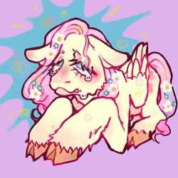 Size: 2048x2048 | Tagged: safe, artist:stellarphileistic, fluttershy, pegasus, pony, g4, blushing, cloven hooves, colored hooves, crying, eyeshadow, female, floppy ears, flower, flower in hair, flower in tail, folded wings, frown, lying down, makeup, mare, solo, tail, unshorn fetlocks, wings