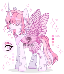 Size: 1500x1732 | Tagged: safe, artist:cursed soul, oc, oc only, changeling, adoptable, butterfly wings, choker, colored hooves, curved horn, cute, ear piercing, earring, heart, hoof polish, horn, jewelry, male, piercing, pink, pink changeling, pink eyes, simple background, slit pupils, solo, sparkles, white background, wings