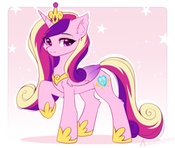 Size: 1244x1053 | Tagged: safe, artist:airiniblock, princess cadance, alicorn, pony, g4, big ears, colored wings, concave belly, crown, cute, ear fluff, eye clipping through hair, eyebrows, eyebrows visible through hair, female, folded wings, gradient wings, heart, heart eyes, hoof shoes, jewelry, leg fluff, looking at you, mare, multicolored wings, peytral, princess shoes, raised hoof, regalia, slender, smiling, smiling at you, solo, standing, thin, wingding eyes, wings