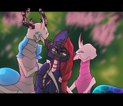 Size: 5000x4296 | Tagged: safe, artist:minty--fresh, oc, oc:atennae, oc:cocoonia, oc:starbolt bloodmane, changeling, monster pony, unicorn, annoyed, biting, changeling oc, cherry blossoms, ear bite, fantasy class, flower, flower blossom, letterboxing, mantisling, warrior