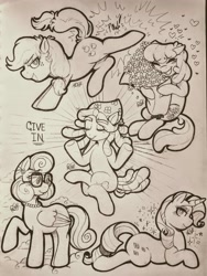 Size: 2997x3990 | Tagged: safe, artist:dsstoner, applejack, cheerilee, posey shy, rarity, tree hugger, earth pony, pegasus, unicorn, g4, bouquet, bucking, crossed legs, female, flower, lying down, mare, meditating, traditional art