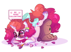 Size: 2776x2032 | Tagged: safe, artist:darkjillmlp123, oc, oc only, oc:charleen hearts, pony, unicorn, bow, glasses, hair bow, plushie, simple background, solo, speech bubble, teddy bear, transparent background, valentine's day card