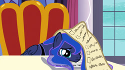 Size: 1920x1080 | Tagged: safe, screencap, princess luna, alicorn, pony, a royal problem, g4, canterlot castle, checklist, cute, female, folded wings, frown, head down, indoors, list, lunabetes, mare, peytral, sad, sadorable, solo, wings