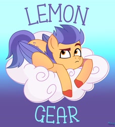 Size: 3333x3663 | Tagged: safe, artist:felux, lemon gear, pegasus, pony, g5, my little pony: tell your tale, cloud, colored wings, folded wings, gradient background, high res, looking at something, male, name, sleepy, solo, stallion, text, wings