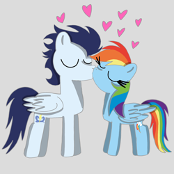 Size: 1400x1400 | Tagged: safe, artist:mrsdashskies, rainbow dash, soarin', pegasus, pony, g4, eyes closed, female, gray background, kiss on the lips, kissing, male, mare, ship:soarindash, shipping, simple background, stallion, straight