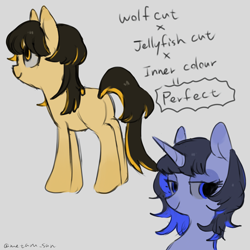 Size: 4096x4096 | Tagged: safe, artist:metaruscarlet, oc, oc only, earth pony, pony, unicorn, butt, earth pony oc, english, gray background, hairstyle, horn, plot, simple background, unicorn oc, wolf cut