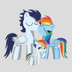 Size: 1400x1400 | Tagged: safe, artist:mrsdashskies, rainbow dash, soarin', oc, oc:rainbow blitz, pegasus, pony, g4, blushing, colt, disgusted, embarrassed, eyes closed, female, foal, gray background, kiss on the lips, kissing, male, mare, offspring, parent:rainbow dash, parent:soarin', parents:soarindash, ship:soarindash, shipping, simple background, stallion, straight