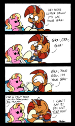 Size: 1404x2370 | Tagged: safe, artist:bobthedalek, luster dawn, stellar flare, pony, unicorn, g4, baby, baby bottle, baby luster dawn, baby pony, be careful what you wish for, coat markings, comic, dialogue, duo, female, filly, foal, glasses, grandmother, grandmother and grandchild, grandmother and granddaughter, grandparent and grandchild, grey hair, implied sunburst, irony, luster dawn is starlight's and sunburst's daughter, mare, offscreen character, older, older stellar flare, parent:starlight glimmer, parent:sunburst, parents:starburst, socks (coat markings), younger