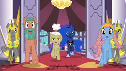 Size: 1920x1080 | Tagged: safe, screencap, princess luna, earth pony, pony, unicorn, a royal problem, g4, season 7, armor, candy curls, crown, elderly, female, frown, group, helmet, hoof shoes, jewelry, lemongrass (character), male, mare, open mouth, peytral, regalia, royal guard, running, running away, scared, sextet, stallion, unicorn royal guard, unnamed character, unnamed pony